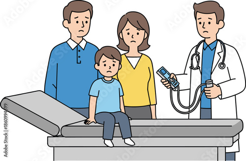Concerned family with sad child in hospital examination room, doctor explaining health test results, pediatric healthcare support, medical diagnosis worry, hospital care scene