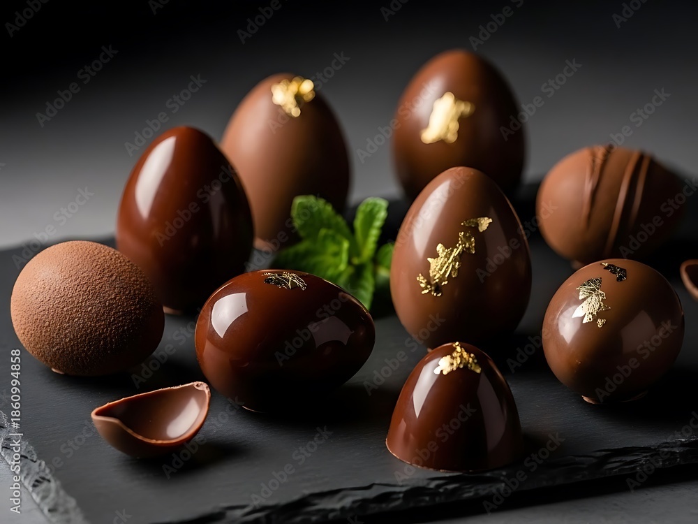 Obraz premium Luxurious Gourmet Chocolate Easter Eggs Still Life - Elegant Holiday Food Dessert 