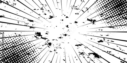 Comic book black and white radial lines background. Manga speed frame. Super hero action. Vector illustration.