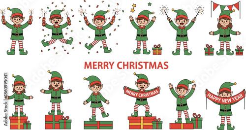 Cute Christmas elves celebrating holiday season, sparklers, confetti, gifts and banners, Merry Christmas and Happy New Year festive illustration, joyful winter celebration