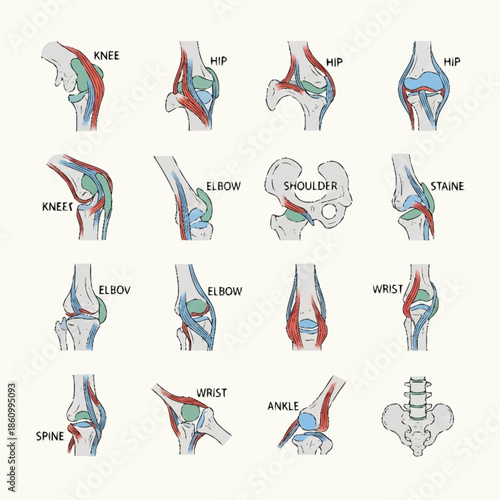 Detailed anatomical illustrations of human joints and body parts.