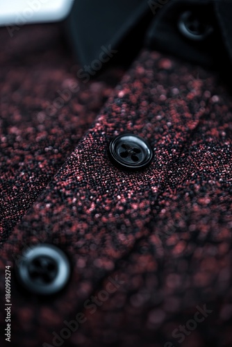 Textured red fabric shirt with black collar and buttons
