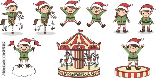 Cute Christmas elves playing and celebrating near carousel, happy holiday amusement park illustration with kids riding horses, winter festival fun and joyful festive season