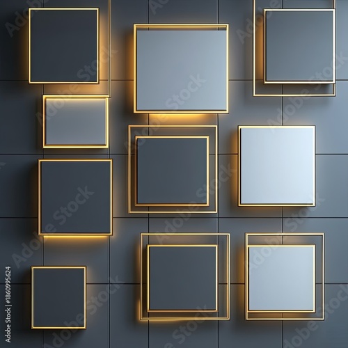 Squares floating with golden trim on dark tile background