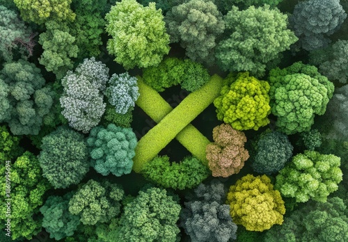 Verdant forest, aerial view, X-shaped clearing