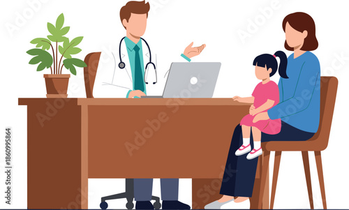 doctor consulting mother and child in clinic office, pediatric healthcare visit illustration, medical advice, family consultation, hospital appointment scene vector