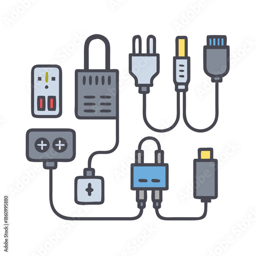 Collection of universal laptop power adapters with various plug types and voltage ratings; each laptop adapter includes cable for AC input and DC output for consistent charging performance See Less

