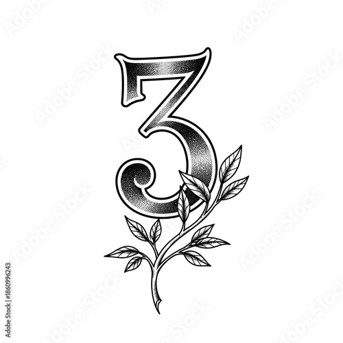 Number three tattoo design with branch and leaves  