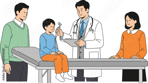 Doctor examining child with reflex hammer in clinic, parents watching, pediatric health checkup, medical consultation, family healthcare support, hospital visit illustration concept