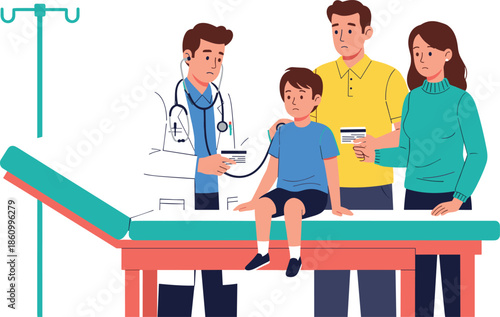 Doctor examining worried child with concerned parents in hospital clinic, pediatric healthcare consultation, medical diagnosis, family support, treatment, illness checkup illustration concept