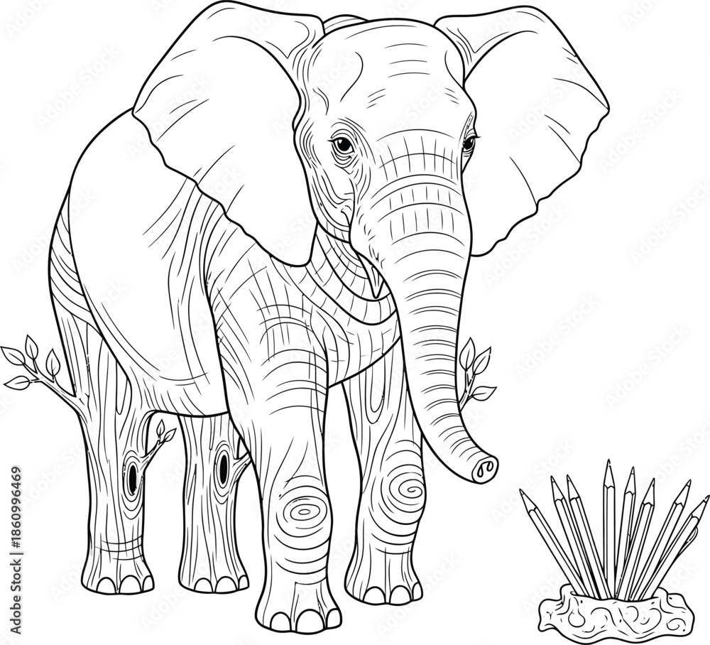 Fototapeta premium Black-and-white line art elephant with tree trunks for legs whimsical creative detailed coloring page