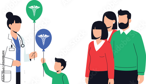 Doctor giving medical balloons to child, happy family healthcare support, hospital care, trust, love, wellness, friendly pediatric illustration concept scene