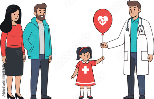 doctor giving heart balloon to smiling child, healthcare support, pediatric care, happy parents watching, hospital trust, wellness, family medical care illustration
