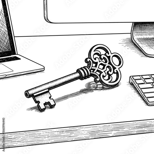 Vintage iron key on modern computer desk with laptop and keyboard  