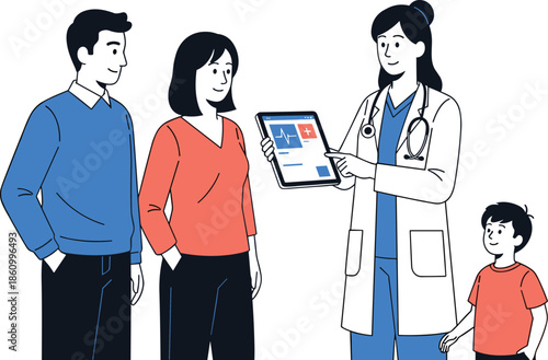 doctor showing digital health report to parents and child, family medical consultation, pediatric healthcare technology, modern hospital visit illustration vector scene