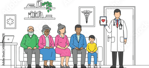 doctor, showing, health, report, diverse, patients, family, healthcare, clinic, waiting, room, medical, consultation, hospital, service, wellness, support, treatment, care, illustration, flat, design