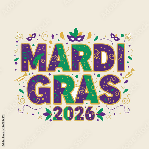 PriMardi gras 2026 celebration text with festive decorations and masksnt