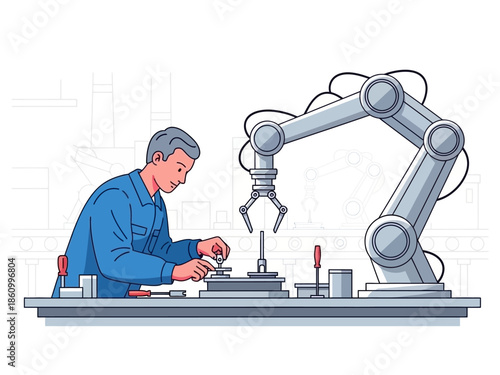 Man working alongside robotic arm in industrial setting