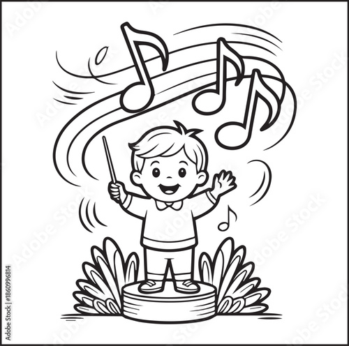 Musician coloring page for kids, Cute boy enjoy music black line art vector illustration doodle coloring book for relaxing