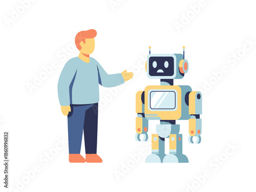 A man interacting with a robot in a simple graphic illustration