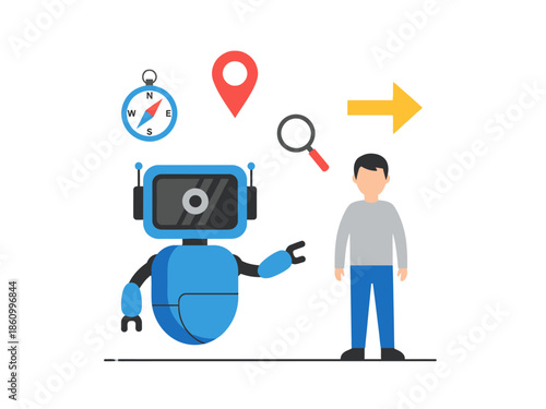A robot and a man standing together with navigation and search icons