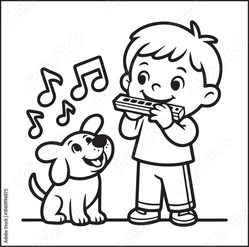 Musician coloring page for kids, Cute boy and dog enjoy music black line art vector illustration doodle coloring book for relaxing