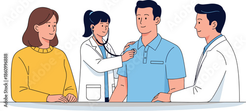 Doctors examining patient with stethoscope during health checkup, medical consultation, professional 