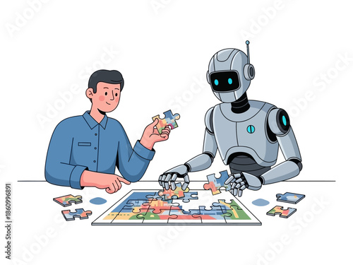 Man and robot collaborating on a board game together at a table