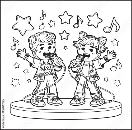 Musician coloring page for kids, Cute boy and girl enjoy music black line art vector illustration doodle coloring book for relaxing