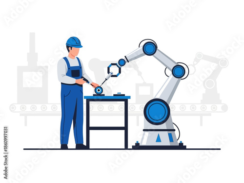 A worker in a factory operates a robotic arm to assemble parts on a workstation.