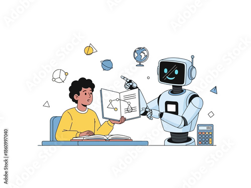 A young student receives guidance from a robot while reading a book in a modern educational setting