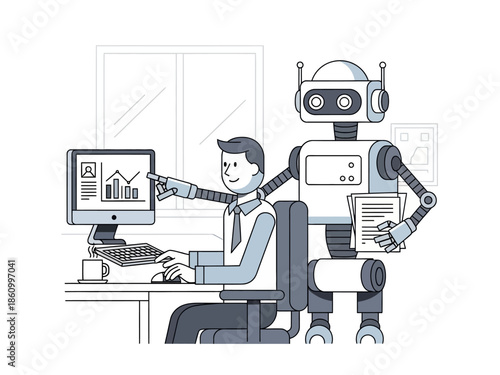 A man and robot working together at a desk with a computer and papers in an office environment from a straightforward viewpoint