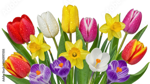 A vibrant and colorful arrangement of various spring flowers, including tulips and daffodils.