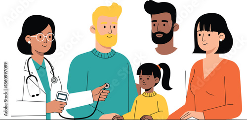Family health checkup illustration showing friendly doctor measuring patient blood pressure, diverse 