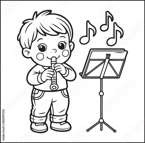 Musician coloring page for kids, Cute boy enjoy music black line art vector illustration doodle coloring book for relaxing