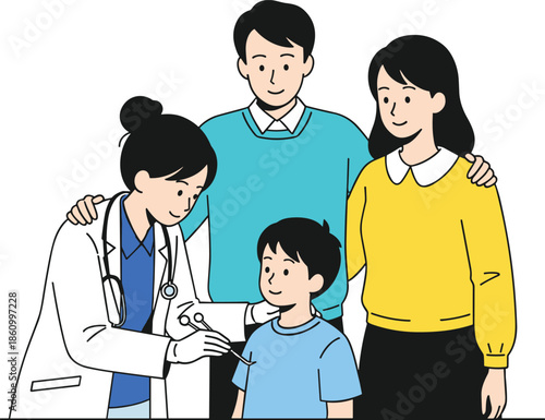 Family with parents supporting child while doctor gives vaccination, pediatric healthcare, immunization 