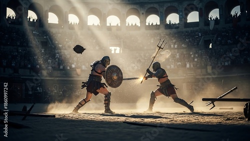 Gladiators fighting in ancient arena scene.