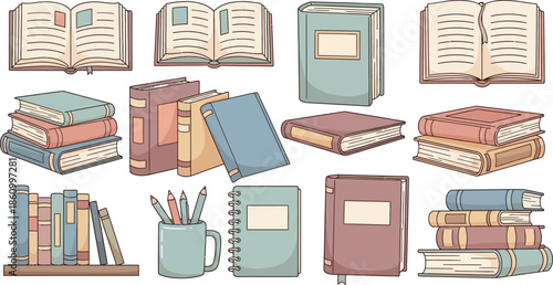 Cartoon books and school textbooks with bookmark, reading literature concept with bookmarks, stacked and open books, library elements, study and education design. Vector isolated set