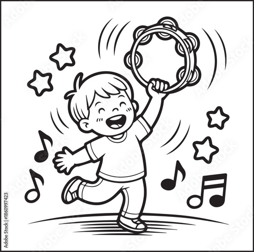 Musician coloring page for kids, Cute boy enjoy music black line art vector illustration doodle coloring book for relaxing