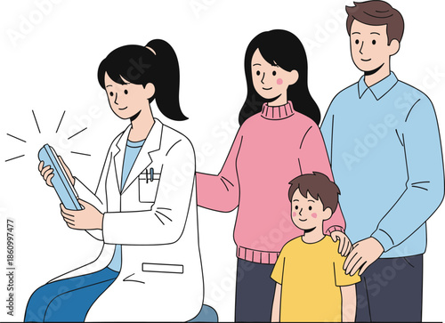 Female doctor explaining medical report to happy family, child healthcare consultation, parents listening with trust, friendly hospital visit, caring pediatric health support illustration