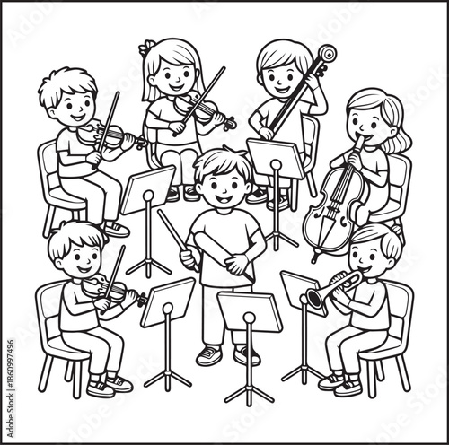 Musician coloring page for kids, Cute children enjoy music black line art vector illustration doodle coloring book for relaxing