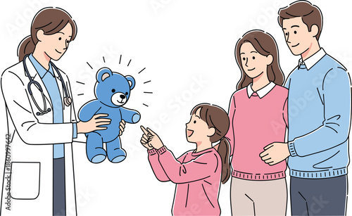 Female doctor giving teddy bear to happy child, caring pediatric healthcare support, smiling parents watching, hospital visit kindness, love, trust, family wellness illustration