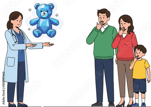 Female doctor presenting magical blue teddy bear to surprised family, pediatric healthcare support, child friendly hospital care, compassion, trust, happy family moment