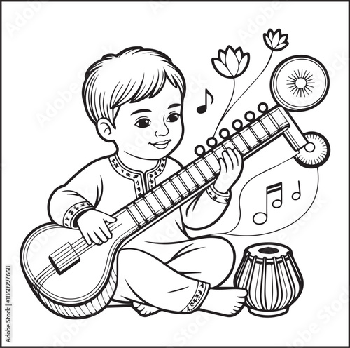 Musician coloring page for kids, Cute boy enjoy music black line art vector illustration doodle coloring book for relaxing