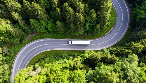 Aerial View of White Truck Driving on Winding Mountain Road Through Dense Green Forest. Top-Down Shot of Transport and Logistics.