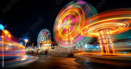 Long exposure carnival rides at night, colorful motion blur of amusement park attractions, vibrant neon lights on spinning fairground wheels
