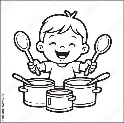 Musician coloring page for kids, Cute boy enjoy music black line art vector illustration doodle coloring book for relaxing