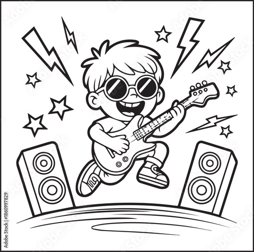 Musician coloring page for kids, Cute boy enjoy music black line art vector illustration doodle coloring book for relaxing