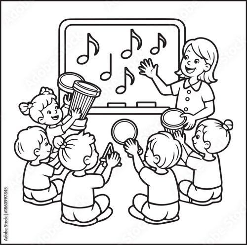 Musician coloring page for kids, Teacher and students enjoy music black line art vector illustration doodle coloring book for relaxing