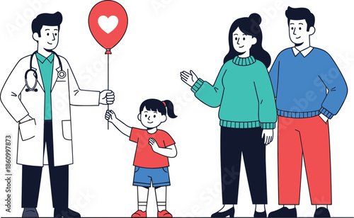 Friendly doctor giving heart balloon to happy child, supportive parents smiling, family healthcare trust, pediatric care, love, wellness, hospital visit illustration